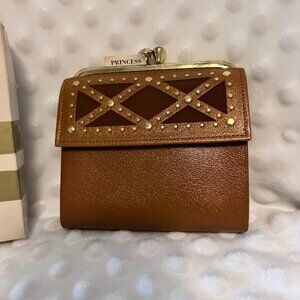 Princess Gardner Vintage French Purse Wallet - Tan Leather w/Gold Studs